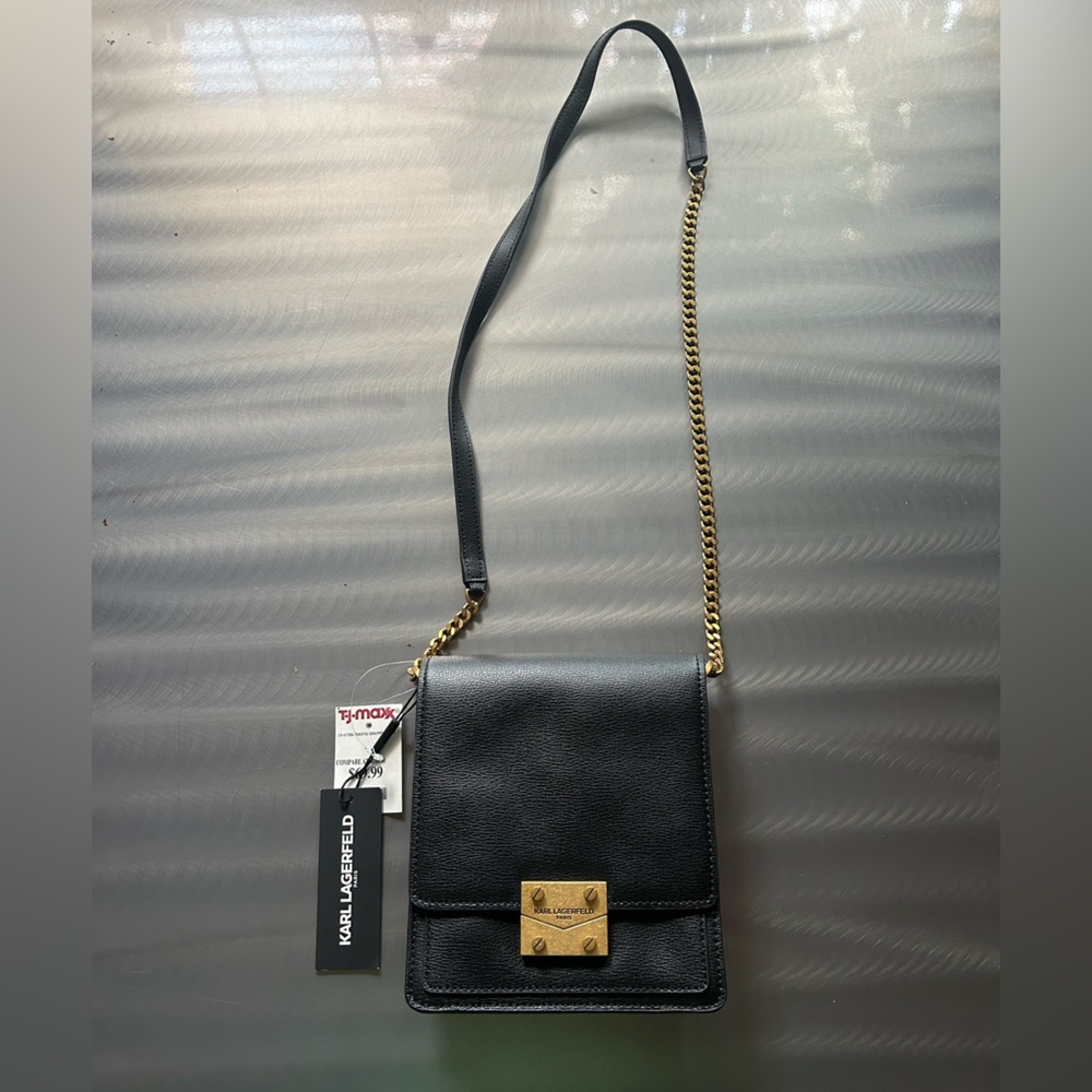 Karl Lagerfeld Black Leather Shoulder Bag with Gold Hardware